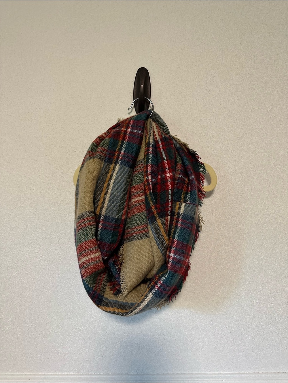 Look by M Plaid Infinity Scarf Tan Red Green Blue Fringed Loop Cozy Warm